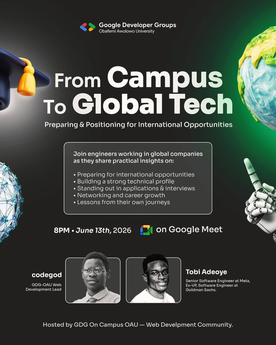 GDGOAUWebdev's tweet photo. Join us for an insightful virtual session with a Senior Software Engineer at Meta:

🚀 FROM CAMPUS TO GLOBAL TECH
Preparing &amp; Positioning for International Opportunities

📅 June 13th
⏰ 8:00 PM

Register here: https://t.co/5bPF9mwbGL https://t.co/NB6VoX1bya