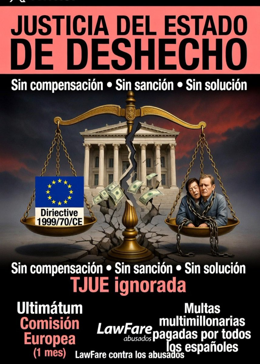 XristianDiaz25's tweet photo. #XplicaCalvario - #FijezaYa FRAUDE
🚥 ¿¡ #Lawfare !? 🚥 #Corrupción !?
🇪🇸- #Gobierno de España / #Jueces 
#Justicia LawFare - Justicia - Derecho

🚥 El problema de la Justicia española y la pérdida de legitimidad: 🚥 

🆘 - Uno de los aspectos más graves del Estado de Deshecho que estamos viviendo 

🇪🇸⚖️- es el papel que está jugando 
🇪🇸⚖️- la Justicia española en este asunto. 

👤👤- Miles de trabajadores públicos que llevamos décadas en situación de fraude de ley por abuso de temporalidad hemos recurrido a los tribunales, algunos incluso hasta el Tribunal Supremo, buscando una solución conforme al Derecho de la Unión Europea. 

❌⚖️- La respuesta, en la inmensa mayoría de los casos, ha sido la misma: ni compensación real, ni sanción efectiva a las Administraciones, ni reconocimiento de derechos.

❌⚖️- Lo más preocupante no es solo el resultado, sino la forma en que se está resolviendo. 

❌⚖️🇪🇺- Muchas sentencias están obviando el efecto útil de la Directiva 1999/70/CE, que es un principio básico del Derecho europeo. 

❌⚖️🇪🇸🇪🇺- En su lugar, se realiza una supuesta “interpretación conforme” con el Derecho nacional que, en la práctica, acaba contradiciendo tanto la jurisprudencia del Tribunal de Justicia de la Unión Europea como el propio sentido de la Directiva. 

❌🆘- Se reconoce el abuso, pero se niega la consecuencia lógica que Europa exige: medidas efectivas que lo prevengan y lo sancionen de verdad.

🆘🆘🩸🩸- Esta situación está generando una profunda pérdida de legitimidad
❌🇪🇸⚖️- de la Justicia
🇪🇸👤- entre un colectivo muy numeroso. 

👥👥- Cuando miles de personas ven que, después de años de pleitos y recursos, el sistema judicial no repara el daño sufrido ni obliga a las Administraciones a cumplir con el Derecho europeo, es inevitable que surja la sensación de que existe un doble rasero. 

⚖️❌- Hoy se habla mucho de LawFare en España. 

👉 A nosotros 
👉 nos encantaría creer
👉 que no existe. 

🔊🇪🇸🗣️- Por eso lanzo estas preguntas abiertas: 

🤔- ¿Alguien puede explicar, con argumentos sólidos y contrastados, por qué las sentencias españolas en materia de abuso de temporalidad en el sector público no están aplicando el efecto útil de la Directiva 1999/70/CE con otra explicación diferente al "LawFare", en pleno 2026, 25 años después de la creación de la Directiva Europea? 

🤔- ¿Por qué se afirma hacer una “interpretación conforme” cuando el resultado final contradice reiteradamente la jurisprudencia del TJUE y el efecto útil de la Directiva queda vaciada de contenido práctico en su totalidad? 

🤔- ¿Cómo se justifica que, mientras la Comisión Europea ha dado un ultimátum a España con un plazo que expira en apenas un mes, y las multas que pueden llegar sean multimillonarias y las paguemos todos los españoles, el sistema judicial interno siga sin establecer un mecanismo sancionador real y efectivo contra las Administraciones que han abusado durante décadas?

🔊- No pedimos privilegios. 
🔊- Pedimos coherencia con el Derecho europeo y con los principios de igualdad, mérito y capacidad. 

⚖️❌- Porque si ni siquiera la Justicia es capaz de corregir este fraude de ley masivo,

👉 entonces el Estado de Deshecho no es solo un problema de las Administraciones: es también un problema de legitimidad institucional, de Justicia, de LawFare, de Corrupción Judicial, de inacción interesada del Poder Legislativo y, la gravedad sería tal que dicho desacato estructural nos afectaría a todos.