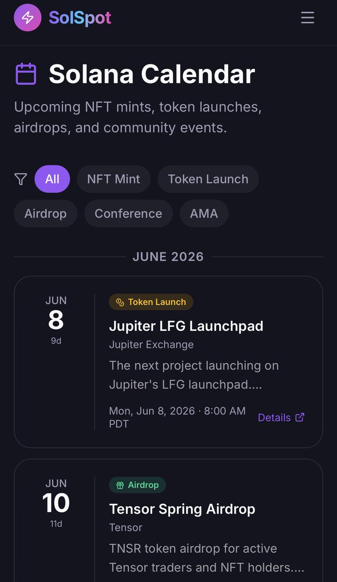 realtommybibi's tweet photo. New calendar section on @TheSolSpot has tons of info on upcoming $SOL events 

https://t.co/iz0u02Ur1Z https://t.co/JCrkSsRvmg