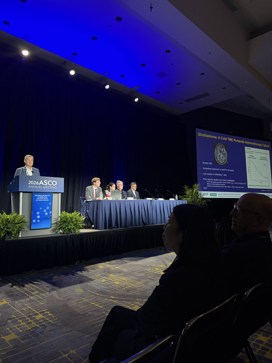 DanaFarber's tweet photo. David Reardon, MD, presents phase 1 results in newly diagnosed glioblastoma: NeoVax + pembrolizumab triggered durable anti-tumor immune activity, with median OS of 36.9 vs 25.3 months in MGMT-methylated and 19.0 vs 16.7 months in MGMT-unmethylated disease. https://t.co/Dz6XBNQac2