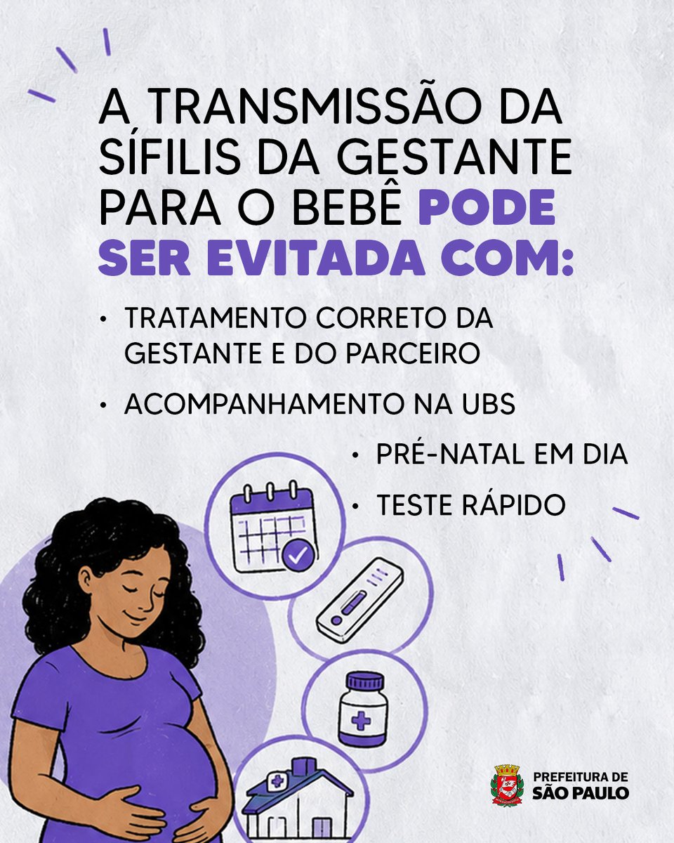 saudeprefsp's tweet photo. São Paulo segue avançando no enfrentamento à sífilis congênita.

A capital reduziu em cerca de 23% os casos de transmissão da sífilis da mãe para o bebê, entre 2022 e 2025, resultado de ações de prevenção, diagnóstico precoce, busca ativa e tratamento gratuito na rede municipal de saúde.

A sífilis tem tratamento, e a transmissão durante a gestação pode ser evitada com pré-natal em dia, testagem e acompanhamento adequado.

Procure sua UBS de referência e cuide da sua saúde.