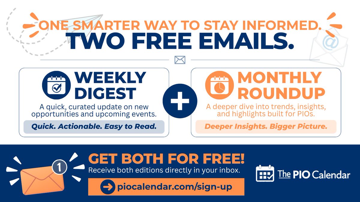 PIOCalendar's tweet photo. Two free email options from The PIO Calendar

📅 Weekly Digest: Quick updates on new events, training &amp; upcoming opportunities.

📊 Monthly Roundup: Deeper insights, trends, featured opportunities &amp; a summary.

Monday’s editions are coming soon: https://t.co/uCqs9FVqdU https://t.co/2UnkU9VQvr