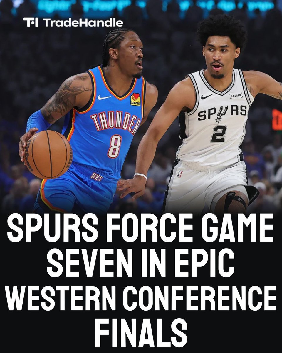 Trade_Handle's tweet photo. The San Antonio Spurs delivered a stunning defensive performance to crush the Oklahoma City Thunder 118-91, erasing a halftime deficit with a massive third-quarter run to tie the Western Conference Finals and force a decisive Game 7. Victor Wembanyama led the charge with 28 points and 10 rebounds in just 28 minutes, bouncing back from a tough previous outing, while rookie Dylan Harper provided a critical 18-point spark off the bench. San Antonio neutralized MVP Shai Gilgeous-Alexander, holding him to 15 points on poor shooting, setting up a winner-take-all matchup with a spot in the NBA Finals on the line.  

At Trade Handle, we provide comprehensive coverage of these global events and how they translate into broader business and political trends. Our platform offers a deeper look at the data and insights behind the world’s most significant headlines.

Explore more in-depth analysis at:
https://t.co/J4zgrtc1Nu

Source: The Athletic 

#predictionmarkets #sportsanalytics #polymarket #kalshi