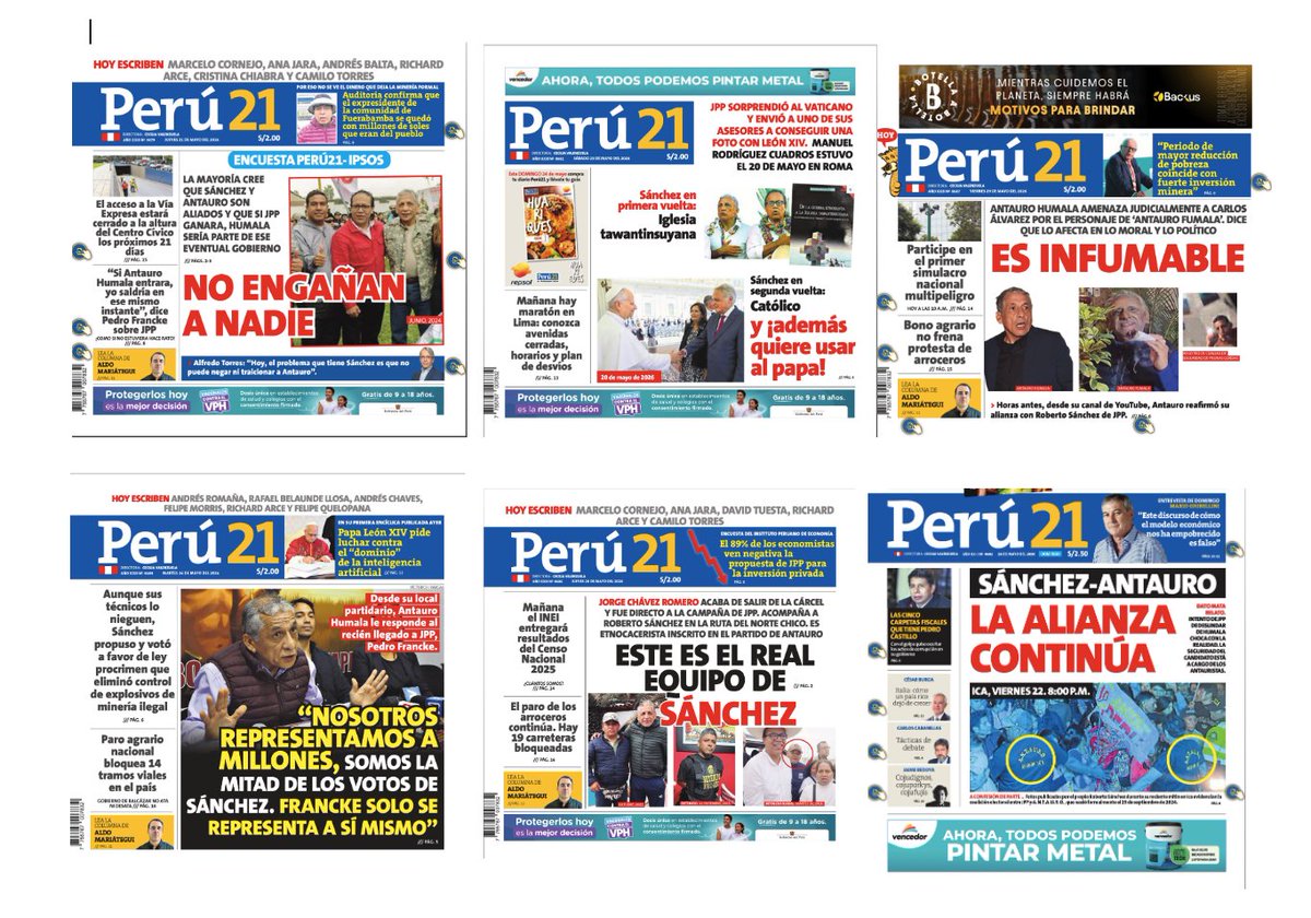 eloymarchan's tweet photo. ¿Los grandes medios (hoy convertidos en panfletos fujimoristas) no están en campaña?
Aquí las portadas que Perú 21 le ha dedicado a Roberto Sánchez-Antauro Humala solo entre el 21 y 29 de mayo.
"El periodismo puede ser la más noble de las profesiones o el más vil de los oficios". https://t.co/3Zmx6cHSxk