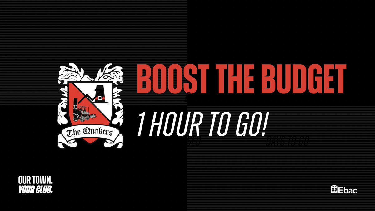 Official_Darlo's tweet photo. BOOST THE BUDGET ⚪️⚫️

THE FINAL HOUR!

Just 60 minutes remain to place your pledge and support this season’s Boost the Budget campaign.

A huge thank you to everyone who has already contributed. Your support continues to make a real difference and provides valuable backing for the season ahead.

If you’ve been considering making a pledge, now is the time.

Pledge here ⬇️

https://t.co/vYxVtEPNKr