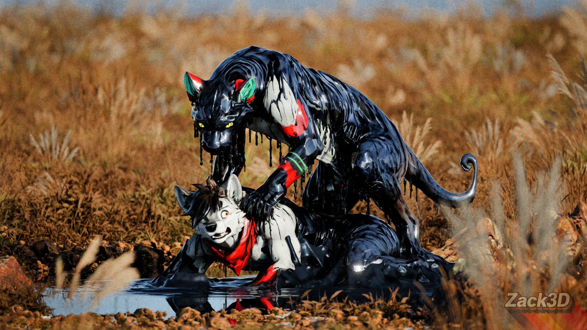 FurZacky's tweet photo. When you are on a hike and your friend starts growling at you, and looking more shiny, and dripping... maybe don't let them chase you into the nearby goo pit.

Seems @joshwuff_ is about to find out the hard way that the goo works veeeeeery slow... https://t.co/rWI8zOJi7R