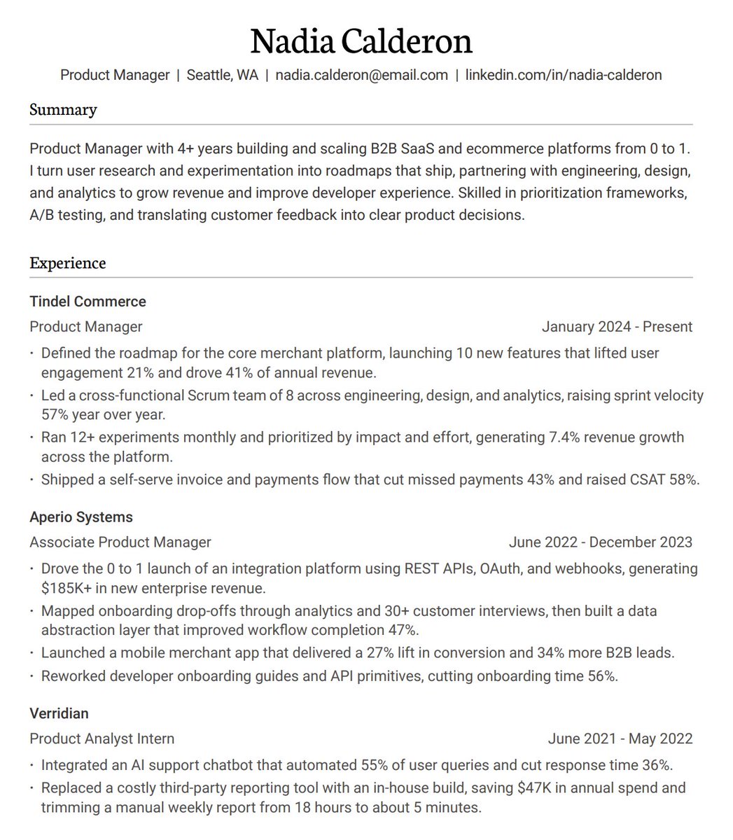 SamMillerWright's tweet photo. Pulled 19 anonymized early-career PM resumes that landed interviews at MAG-7, OpenAI, or Anthropic.

What they shared:

84% wrote a summary
only 42% listed projects
~1.3 pages
 intern, APM, PM, with at least one launch to point to

Free composite attached. https://t.co/zz2xFJ6WOI