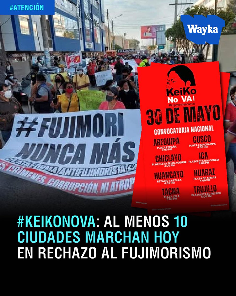 WaykaPeru's tweet photo. #Elecciones2026 | La indignación ciudadana vuelve a organizarse a las calles con una convocatoria nacional bajo las consignas #KeikoNoVa y #FujimoriNuncaMás. Además de Lima, regiones como Arequipa, Cusco, Chiclayo, Ica, Huancayo, Huaraz, Tacna, Trujillo, Huánuco y Pasco. Así, al menos 10 ciudades clave en todo el país marcharán de forma simultánea en un contundente y descentralizado rechazo al fujimorismo, exigiendo memoria, dignidad y justicia frente a los antecedentes de corrupción y violación de derechos humanos.
La marcha en Lima comenzará a las 5pm en el centro de la ciudad.