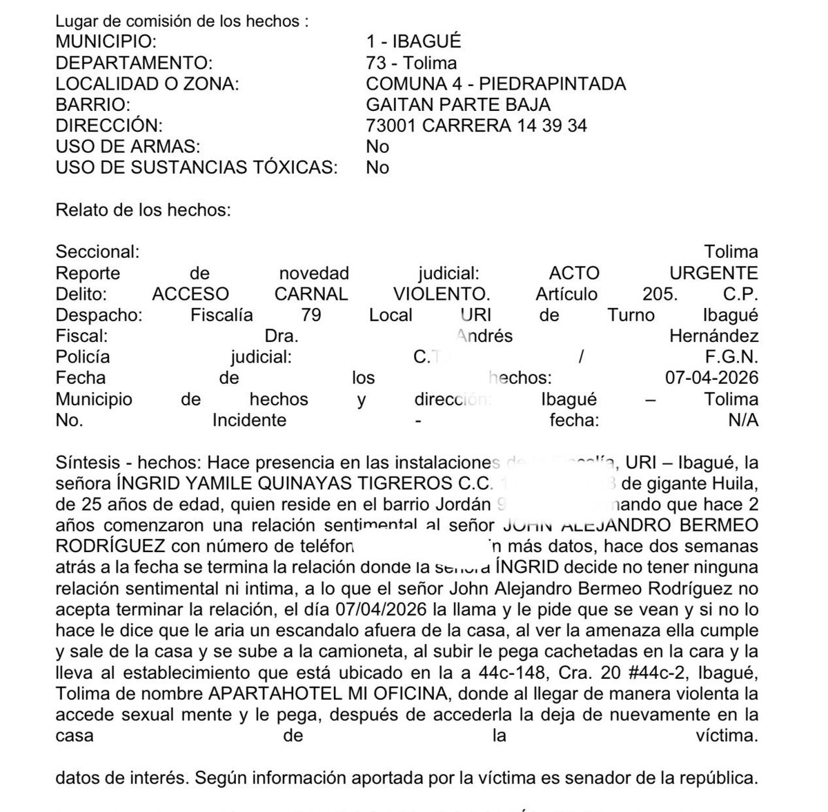 Maryaristizabal's tweet photo. Esto va más allá de campañas o candidatos. #Ojo Esta es la denuncia  por VIOLACIÓN contra el senador electo Alejandro Bermeo. 
Según la víctima, en abril este hombre la amenaza, la obliga a ir con él, la golpea y luego “la accede carnalmente”. https://t.co/Od1voeR8Cz