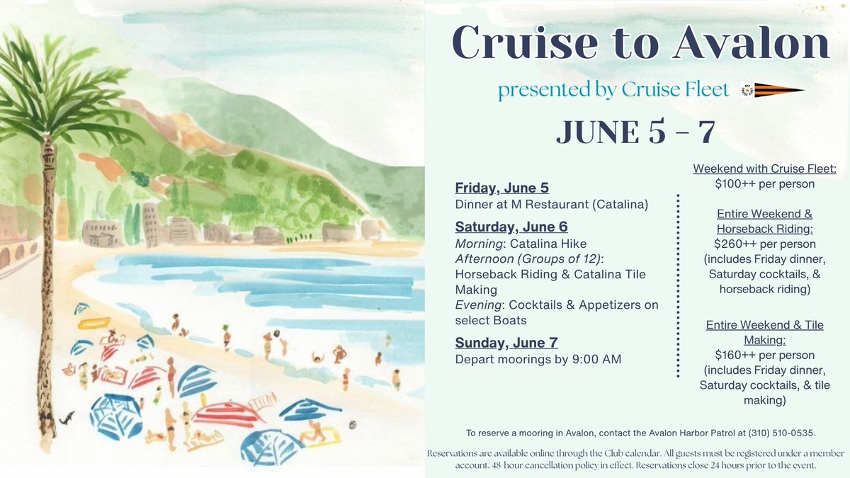 balboayc's tweet photo. Set your course for Catalina 🌊 Join Cruise Fleet for a weekend getaway to Avalon, June 5–7, featuring waterfront dining, island adventures, cocktails on the water, and more. Reserve your spot through the Club calendar before space fills up.

#BalboaYachtClub https://t.co/26h4uWkUx0