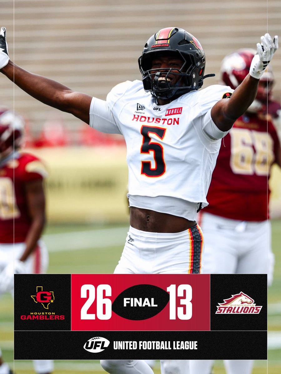 TheUFL's tweet photo. Houston Gamblers cash in, winning their final game of the season over the Birmingham Stallions. https://t.co/9erpIK0TMi