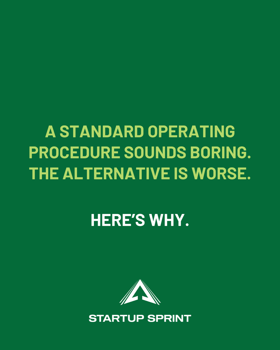 StartupSprintHQ's tweet photo. An SOP might sound boring, but the alternative is expensive. Every time you repeat instructions, fix the same mistakes, or redo work, you’re paying for the lack of a system. A simple one-page SOP removes that cost permanently. Start with your 3 most repeated tasks this week. https://t.co/i5faYSVc1P