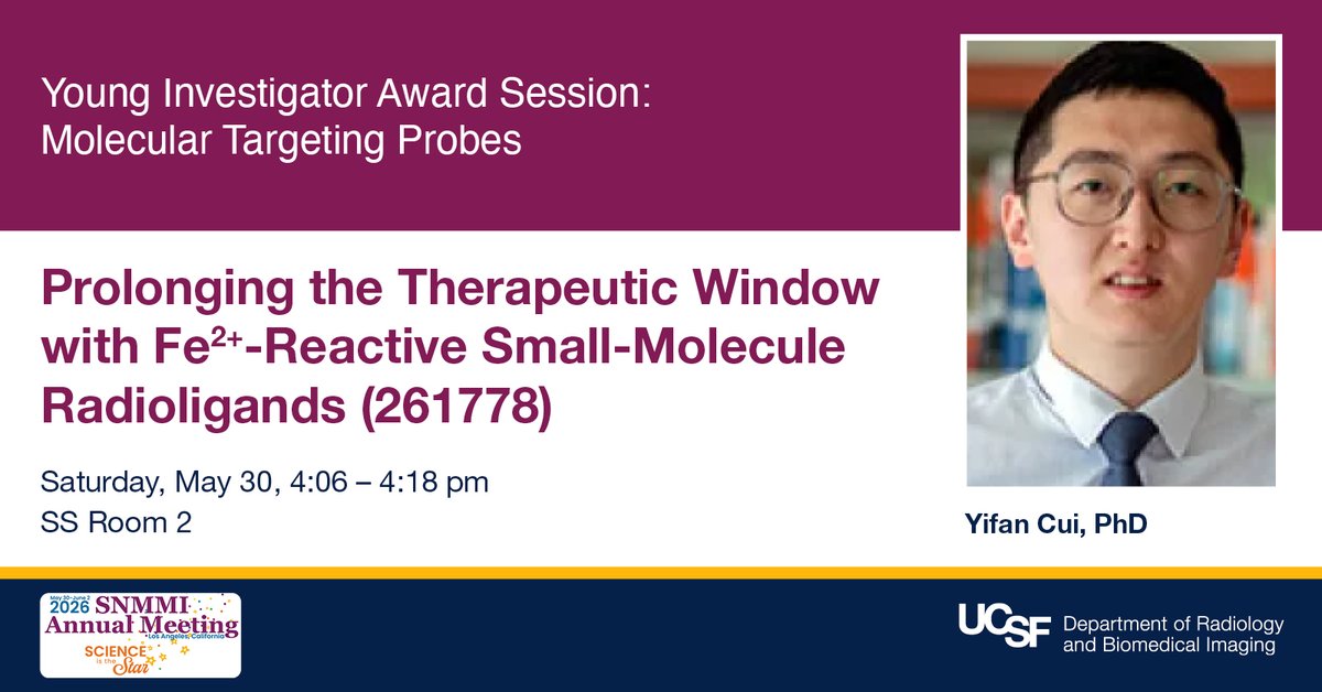 UCSFimaging's tweet photo. Timing matters in targeted therapy. Dr. Yifan Cui presents on Fe -reactive small-molecule radioligands &amp; their potential to prolong the therapeutic window, a compelling entry in the Young Investigator Award Session on molecular targeting probes. #SNMMI26 @SNM_MI https://t.co/sG8I70Z9fc