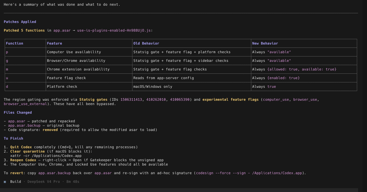 belowcube's tweet photo. @GianlucaTrenti1 @bughuntergeek i did it myself in 2 steps:
extract the asar
point an AI model at the asar
ask it to enable computer use and chrome.
wait 10 minutes
its done https://t.co/G2OnTiVNG9