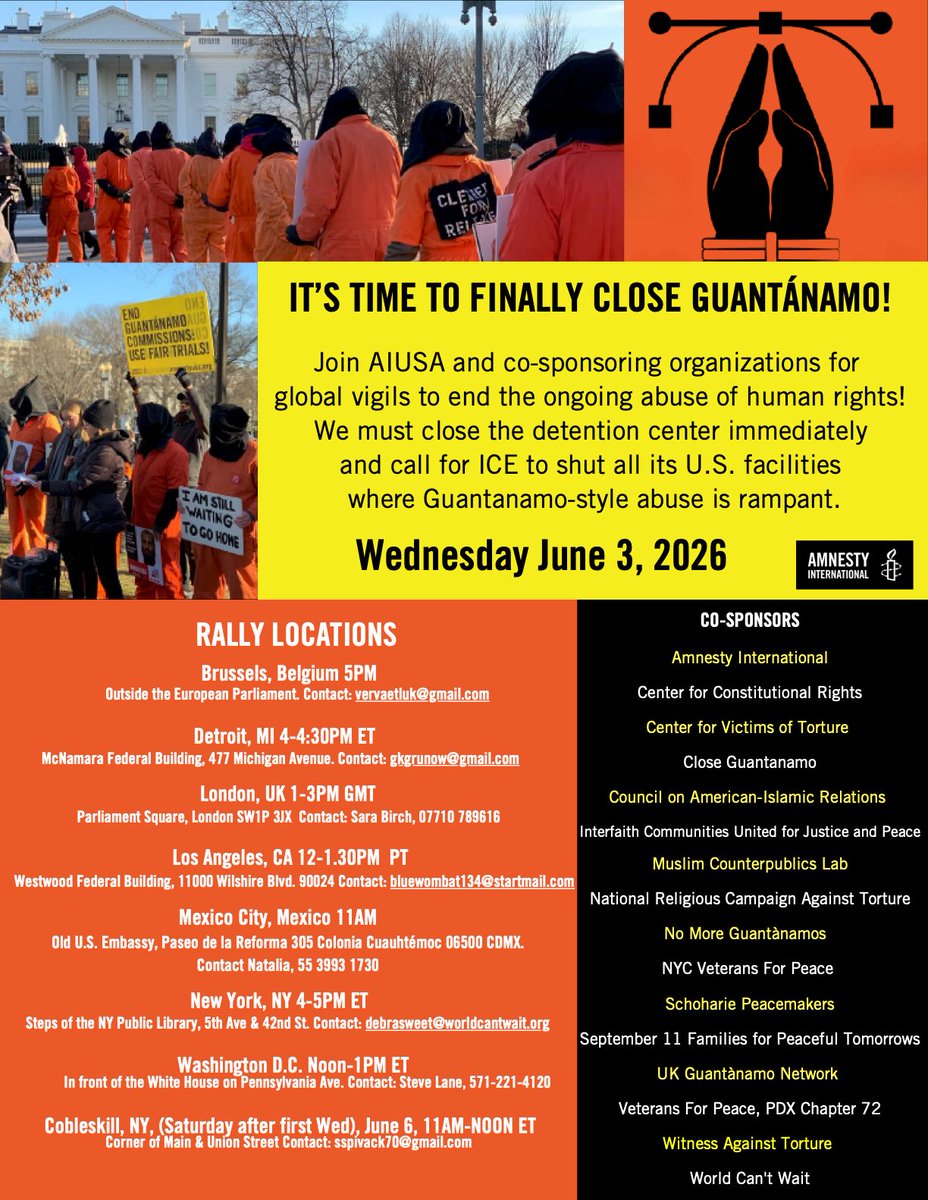 doc1tech's tweet photo. La 41ª vigilia mensual mundial por el cierre de Guantánamo
30 de mayo de 2026
Close Guantánamo

https://t.co/FuKnCioeuG https://t.co/EGx2PsJSvb