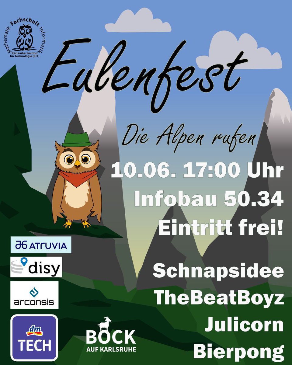fsmikit's tweet photo. 🌄 Eulenfest – Die Alpen rufen 🌄

Am 10.06. wird der Infobau wieder zur Festival-Location.
Ab 17 Uhr gibt’s Musik, Drinks und Sommerfest-Vibes 🍻

📍 Infobau 50.34
🕔 17:00 Uhr
🎫 Eintritt frei

Kommt rum, bringt Leute mit und genießt den Abend mit uns 🦉⛰️ https://t.co/sOyH5pVb0l