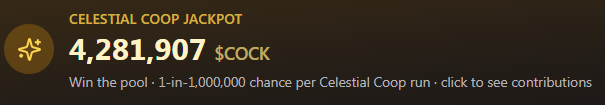 PlayChickenSaga's tweet photo. 4.28 MILLION $COCK 

That's the current celestial coop prize today. 

Will you be the lucky @PlayChickenSaga  adventurer to win the pool? 

Try your chances today: https://t.co/K1AoteV4Fl https://t.co/wDiLiptXs6