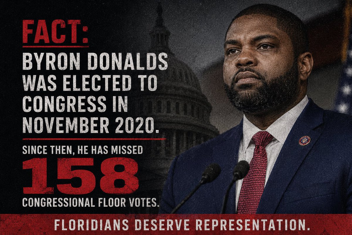 FriendsOfRenner's tweet photo. 🚨Byron Donalds has missed hundreds of votes in Congress. In the real world, that kind of absenteeism gets you fired, not promoted.

Florida needs a Governor who shows up and gets results, not one who skips the job.

Learn the facts: https://t.co/a7V9KVQL82 https://t.co/qD6VvbN6j1