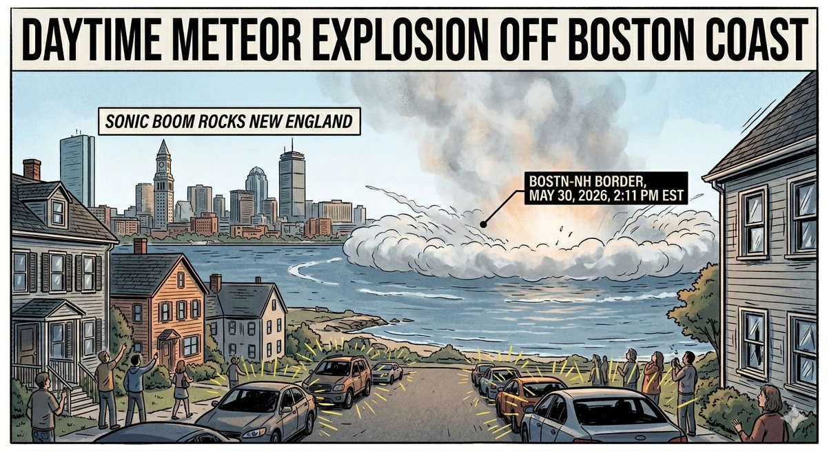 DrewBaek's tweet photo. A ~3-ft meteor exploded near Boston on May 30, sending a sonic boom across New England — from Delaware to Montreal. The American Meteor Society confirmed the bolide entry north of Boston. 200K+ searches in the US. 🌠

https://t.co/HZszJZOAUi

#MeteorBoston #Massachusetts #Fireball #NewEngland