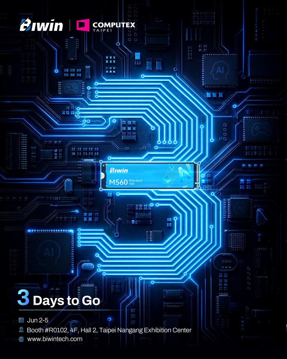 biwin_tech's tweet photo. Biwin & COMPUTEX2026 | 3 Days to Go 
What’s waiting for you at the Biwin booth?
Explore the Biwin M560 at COMPUTEX, delivering next-gen speed with impressive power efficiency. ⚡

▪ PCIe Gen5 x4, NVMe 2.0
▪ Up to 11,000 MB/s read speed
▪ Average power consumption below 5.2W

High performance. Low power draw.
#Biwin #COMPUTEX2026 #BiwinSSD #M560 #BiwinM560