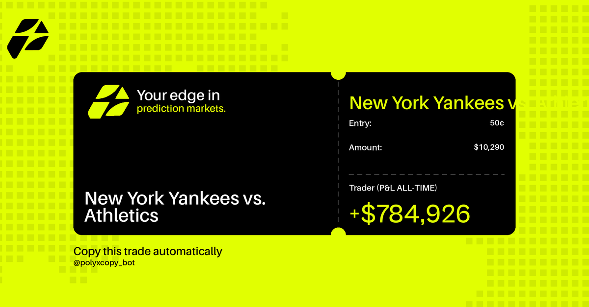 PolyX_future's tweet photo. Some degen just threw $10,290 at Yankees-Athletics at 50¢ to turn it into $20,580. This whale's already up $784k all-time.

🐋 PolyX mirrors whale trades automatically → @PolyX_future https://t.co/PWtP7uI6N1