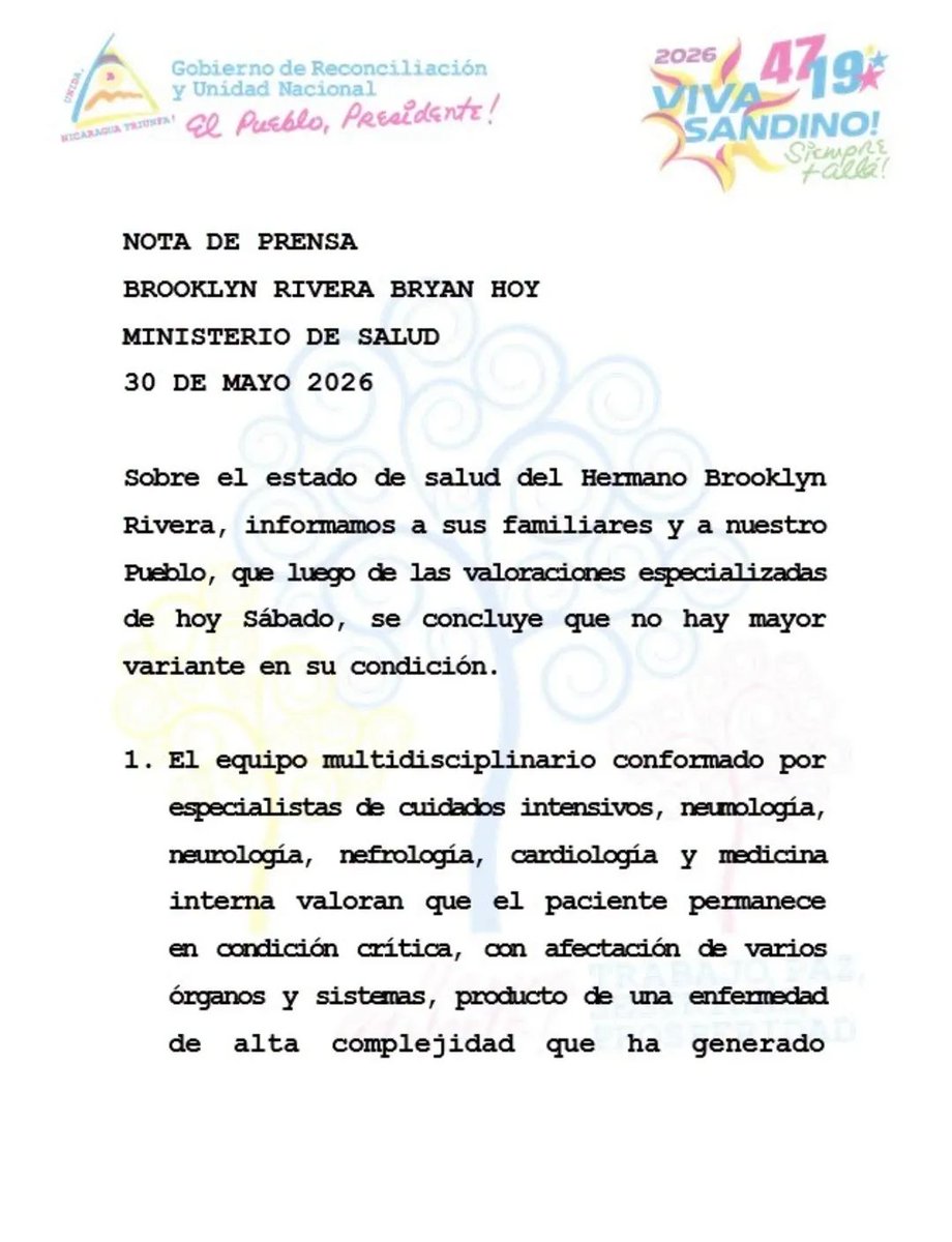elcaitenic's tweet photo. Brooklyn Rivera permanece en condición crítica y sin mayores variaciones
#30DeMayo 
#ElCaite https://t.co/V3Q1BSl8Tp