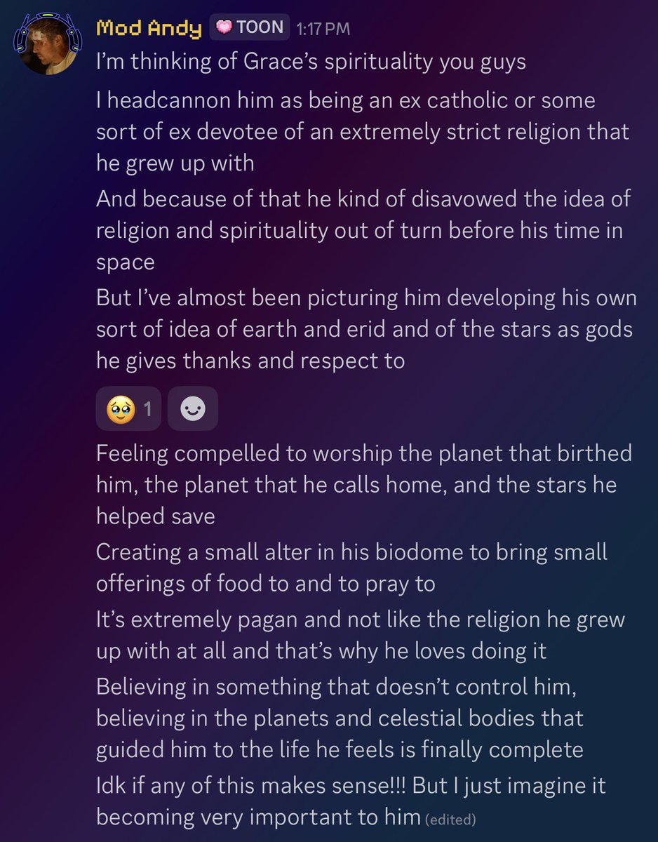 andyarcana02's tweet photo. Thoughts from my server on Ryland Grace and his spirituality… sighs wistfully 
#rylandgrace #projecthailmary https://t.co/VOyFlu0Sla