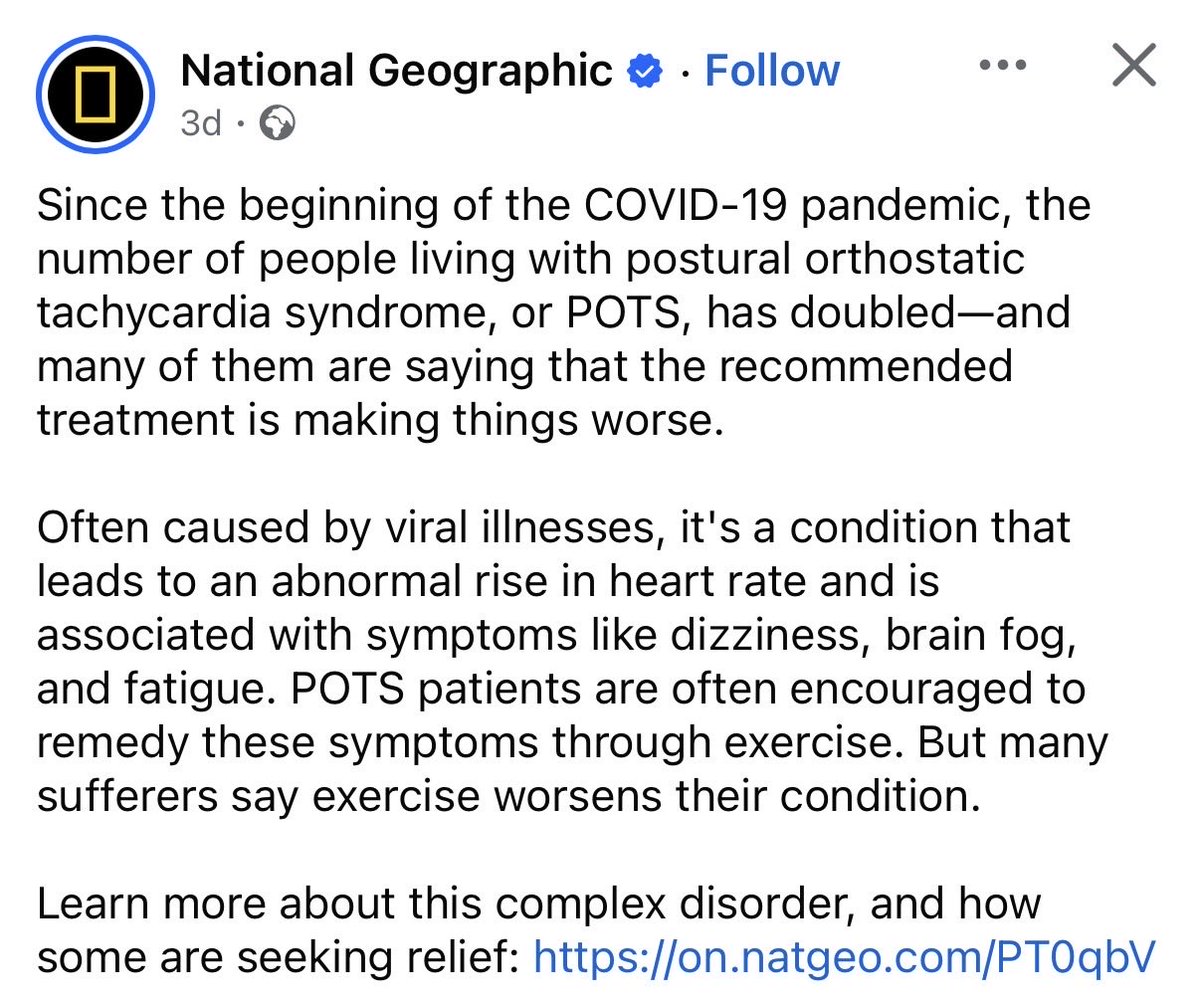 SendUnsend's tweet photo. 🧵 National Geographic: “Since the beginning of the COVID-19 pandemic, the number of people living with postural orthostatic tachycardia syndrome, or POTS, has doubled—and many of them are saying that the recommended treatment is making things worse”. https://t.co/zwKg2RLAUb