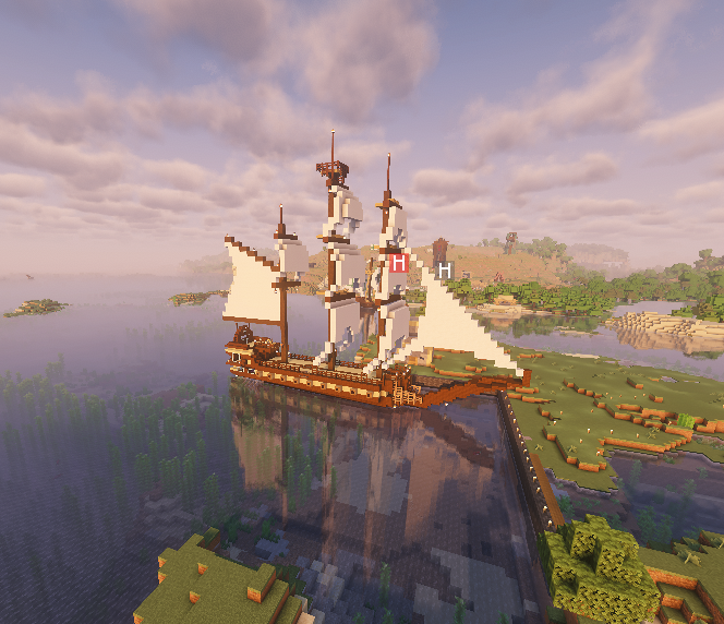 WDK_Dos's tweet photo. In a friend's Minecraft server and I'm at awe at the beauty of the shaders and this ship @Timur24k built. She sails fine! https://t.co/B3J110rMl7
