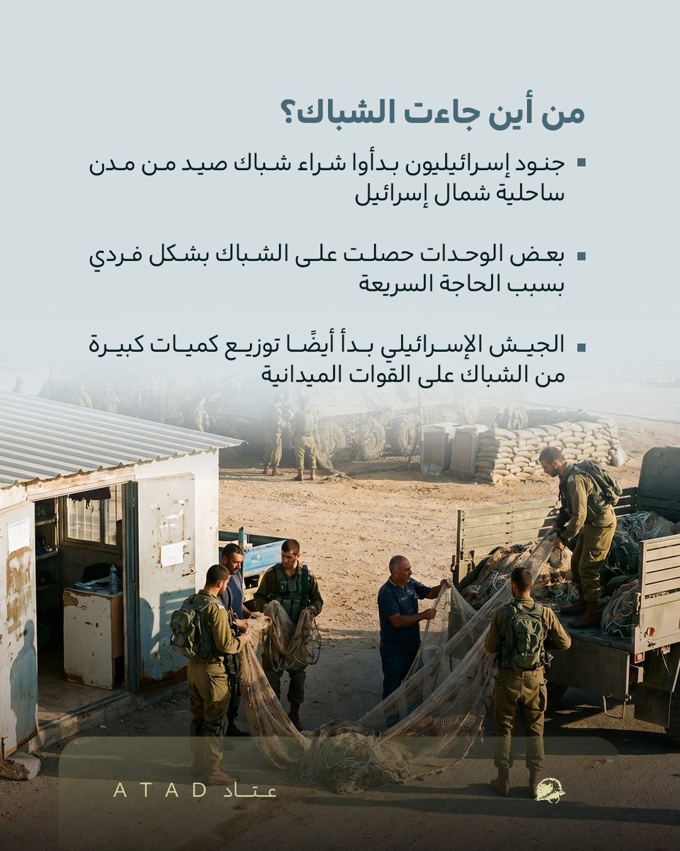 Atad_Defense's tweet photo. مع تصاعد هجمات الطائرات المسيّرة الانتحارية، بدأت إسرائيل في محاولة استخدام شباك الصيد كوسيلة دفاع ميدانية جديدة داخل جنوب لبنان.. فما التفاصيل؟ https://t.co/z9mNGenrhH