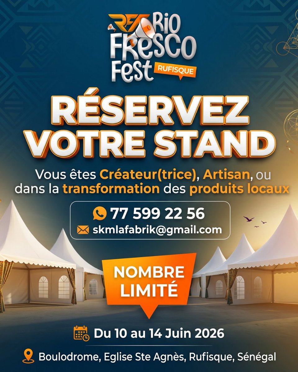 PPSthewritah's tweet photo. Réservez votre stand pour le Rio Fresco Fest prévu du 10 au 14 Juin 🌊
#rff2026 #rapgalsen #Rufisque https://t.co/GaD1CaikOk