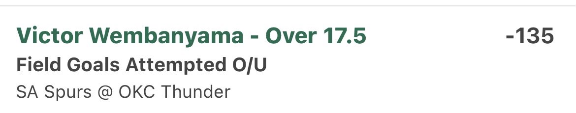 MMAMeez's tweet photo. Gonna look like a fiend after saying I didn’t want stake in game 7 lol. Changed my mind!

- 3u total Victor Wembanyama o17.5 FG atts -135

Added a half u. My favorite spot of the night.

- 1u Spurs ML +125

Debated this a lot today. In the end, I think SA have more guys that can go get a bucket. Something that’s critical in game 7s when the defense is turned up. OKC too reliant on SGA driving and kicking out. If OKC catches fire from three, that’ll be the story. But SA can get the ball to several guys and tell them to score. I can’t say that about OKC.

- 0.25u SGP Caurso Harper 15+ pts 

With attention elsewhere, these two will have opportunities to score. Either could be the difference maker tonight.