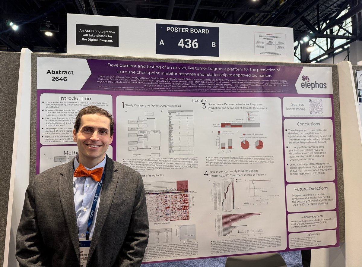 YaleCancer's tweet photo. .@BraunMDPhD and colleagues tested a “live tumor fragment” lab assay/elive platform using biopsies to predict response to ICI. In a small validation (20 pts later treated with ICI) the Elephas score correctly flagged 82% of responders and 100% of non-responders, including 2 responders missed by standard biomarkers. Larger validation is ongoing. #ASCO26 @SmilowCancer @ASCO @OncoAlert