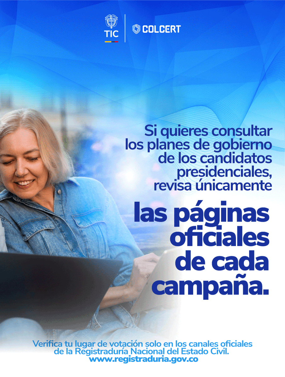 colCERT's tweet photo. Faltan pocas horas para las #EleccionesColombia2026.🗳️ Cuando más información circula, verificar también es importante. Antes de compartir cualquier contenido, consulta fuentes oficiales y confirma la información.✅

Un mensaje sin verificar puede generar confusión. Una verificación a tiempo contribuye a un entorno digital más confiable para todos.🇨🇴
#MásPreparados #MinTIC #MásResilientes