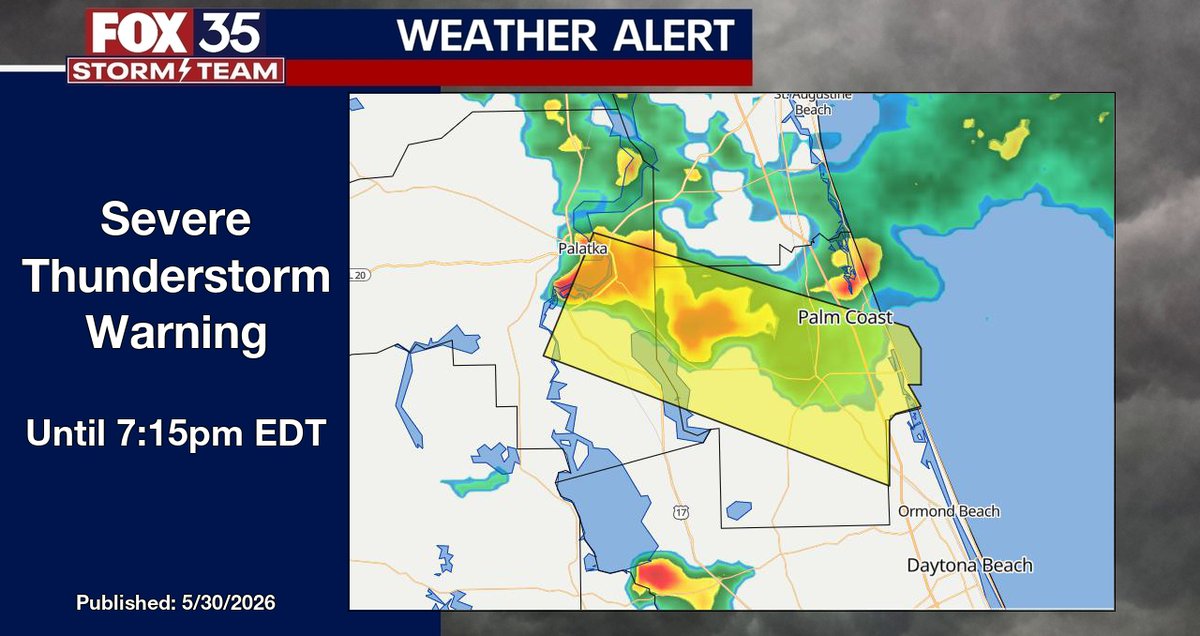 BrooksWeather's tweet photo. FOX 35 Orlando - Severe Thunderstorm Warning for Flagler County until 7:15pm EDT. https://t.co/KbAI3IRyGE #flwx https://t.co/foIDCbsRiw