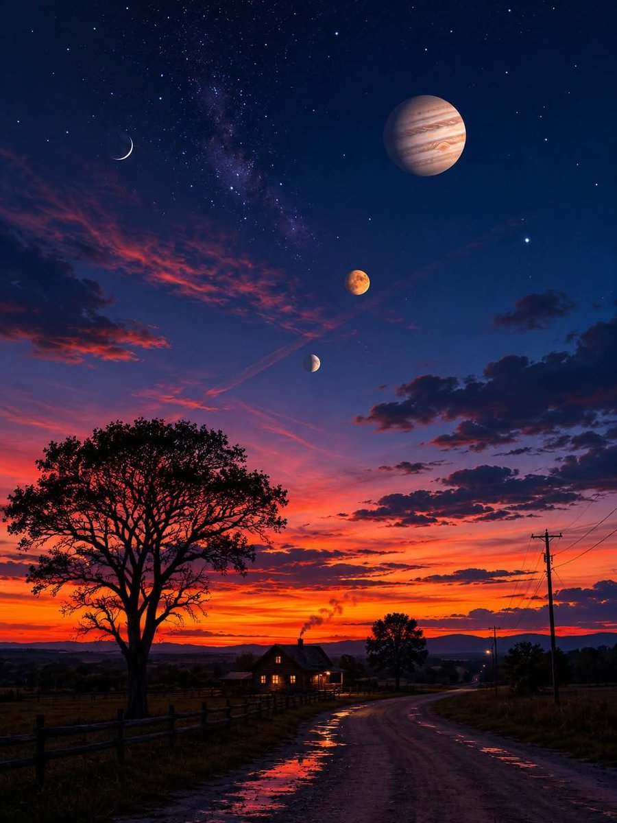 zone_astronomy's tweet photo. Tonight, the western sky becomes a cosmic stage. 🌌✨
As the Sun slips below the horizon, three planets — brilliant Venus, mighty Jupiter, and elusive Mercury — will appear aligned in a rare celestial lineup visible to the naked eye.

For a brief window after sunset, the planets will glow across the twilight sky like suspended lanterns, creating one of the most beautiful planetary alignments of the year. No telescope needed — just clear skies and a view toward the west. 🌙🪐

Sometimes the solar system reminds us how small we are…
and how beautiful the universe can be. ✨