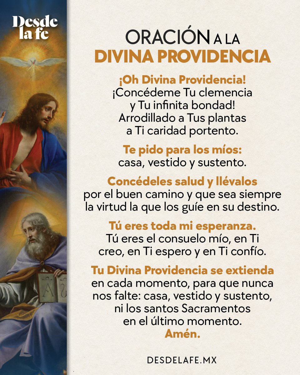 DesdeLaFeMx's tweet photo. Nuevo mes, nuevos proyectos pero siempre de la mano de Dios.  📅😇
La Divina Providencia nunca falla a quien se abandona en sus manos.

¿Ya hiciste tu oración hoy?
Te la compartimos: https://t.co/sL3uWzMcl0

#DivinaProvidencia #Oración #Dios #Junio https://t.co/ko85TollDc