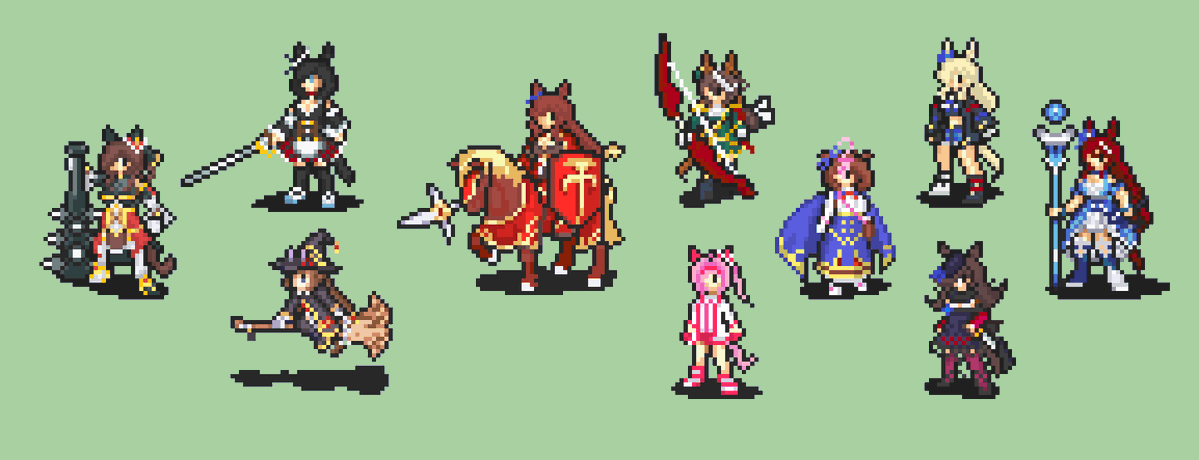 KazeYamayama's tweet photo. Started with making Gold City so I could just put her into Fire Emblem, but somehow I ended up making an ensemble of my friends' favorite Umamusume also 🙂

Outside of Gold City and Haru Urara, everyone else are pretty much a repalette  of an already made class. https://t.co/sFO1zGHH6m