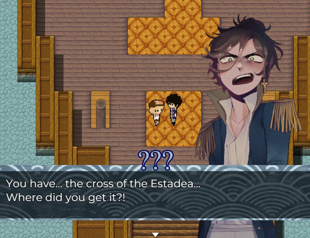 BanyaLaplace's tweet photo. We're so back! #screenshotsaturday for Rule of Salt 🌊
For the first time I managed to do something exactly like I wanted but it's spoiler territory... so instead have a word with the quartermaster! 
#rpgmaker #rpgmakerhorror 
Map is still placeholder but trust the process ✨ https://t.co/wSgPHASIRl