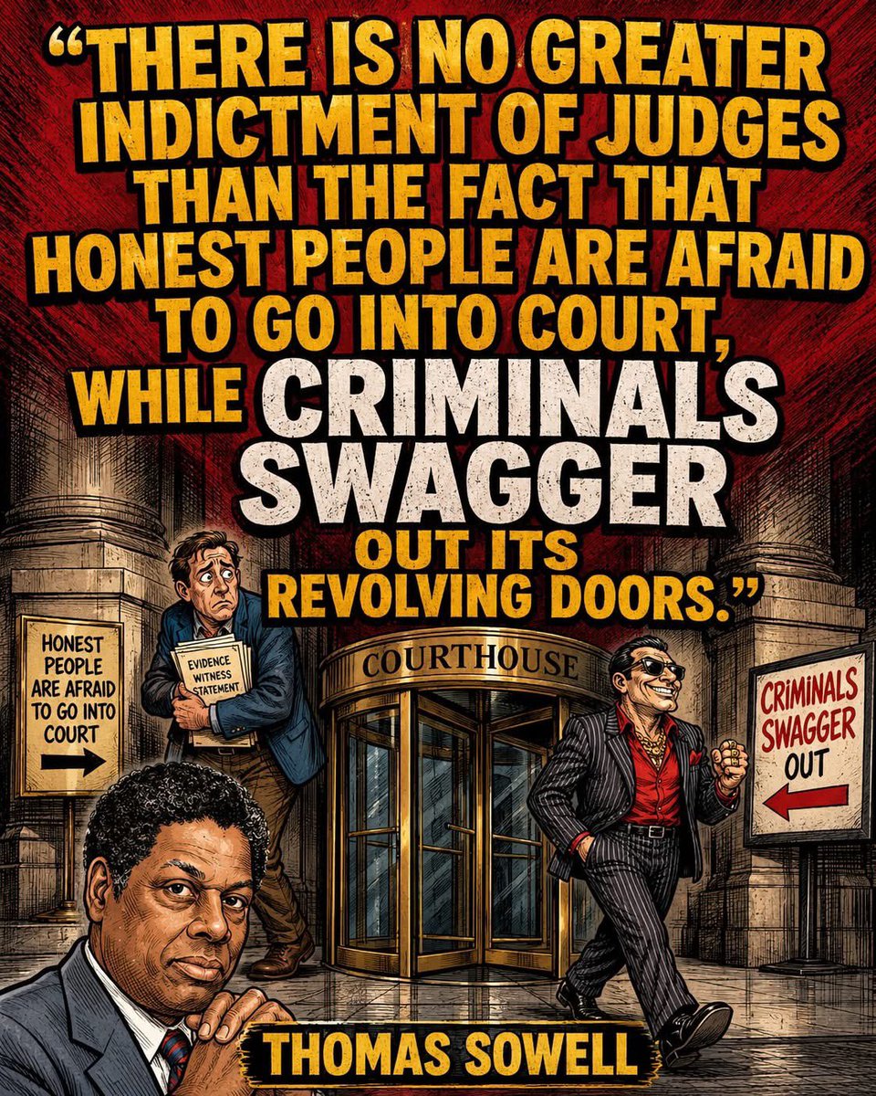 ToniLL22's tweet photo. “A free country cannot survive if decent people fear the system and criminals fear nothing.”

🔥🔥🎯👇🎯🔥🔥

Thomas Sowell sadly said it all with this one.

“There is no greater indictment of judges than the fact that honest people are afraid to go into court, while criminals swagger out its revolving doors.”

That hits hard because every normal, law-abiding American knows exactly what he meant.

Decent people still have a healthy respect for police, courts, judges, and the law. They worry about being summoned to court. They worry about making one mistake. They worry about legal bills, paperwork, accusations, and the crushing power of the system.

Meanwhile, the career criminal treats the whole thing like a business expense.

Arrested again? No big deal.

Back in court? Just another Tuesday.

Released again? See you next week.

That is not justice. That is surrender.

American cities did not fall apart by accident. They fell apart because leaders decided that enforcing the law was somehow mean, outdated, or unfair. They stopped punishing criminals, stopped protecting victims, and started treating disorder like a social experiment.

The result is exactly what you see in too many cities today. Stores locked behind glass. Families afraid to walk downtown. Police officers demoralized. Criminals emboldened. Honest citizens punished for following the rules while lawbreakers laugh their way through the revolving door.

We need a return to old-fashioned law and order.

That means enforcing the criminal code, even when the violation seems minor. The broken windows theory worked because it understood a basic truth about human nature. When small crimes are ignored, bigger crimes follow. When disorder is tolerated, civilization retreats.

But law enforcement is only part of the answer.

We also have to teach children right from wrong again. Respect for law, respect for property, respect for parents, respect for neighbors, and respect for consequences.

A free country cannot survive if decent people fear the system and criminals fear nothing.

Thomas Sowell saw the problem clearly.

The question is whether America still has the courage to fix it.