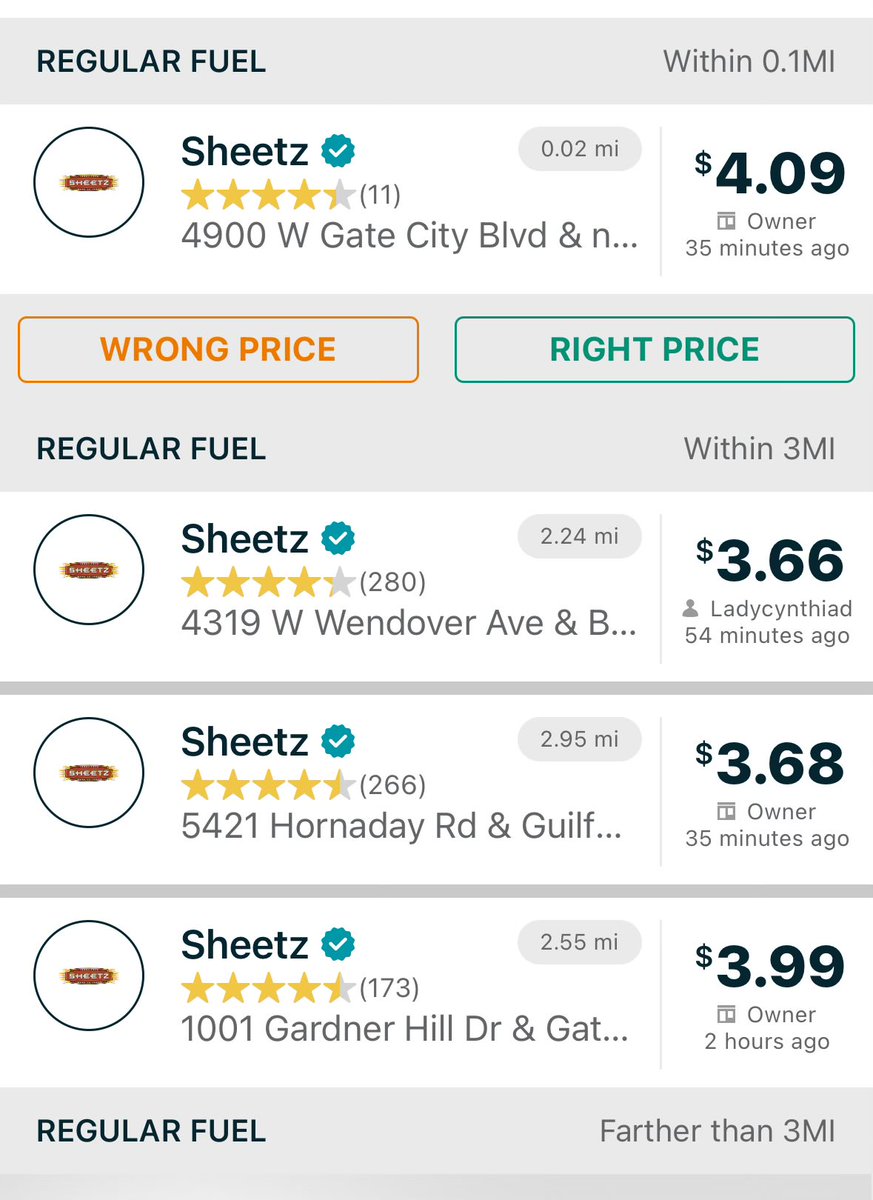 JonathanLRaper's tweet photo. @sheetz why is gas at #899 $4.09 when it is under $3.70 less than 3 miles away? Both are next to the interstate, so that’s not a good reason. Please make it make sense. https://t.co/WyvoNhRkzY