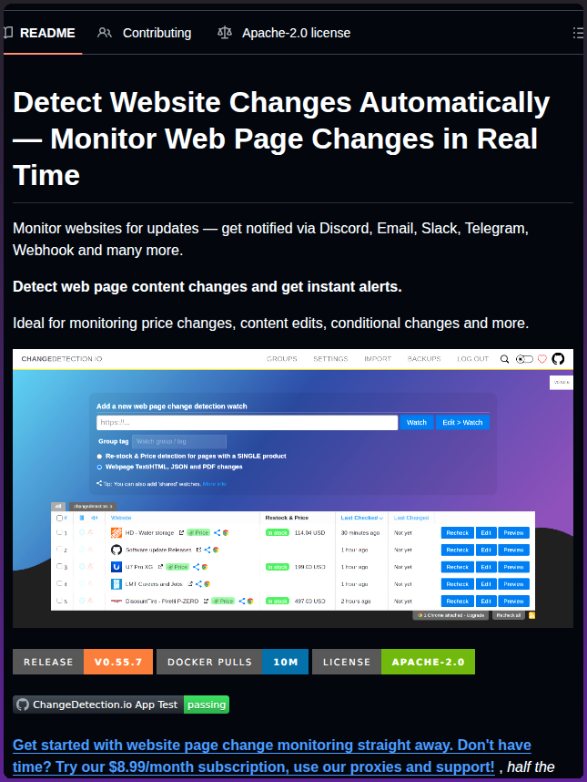 tom_doerr's tweet photo. Monitors websites for real-time content, price, and restock changes

https://t.co/sfg3aZaatj https://t.co/9DuQRT5wGG
