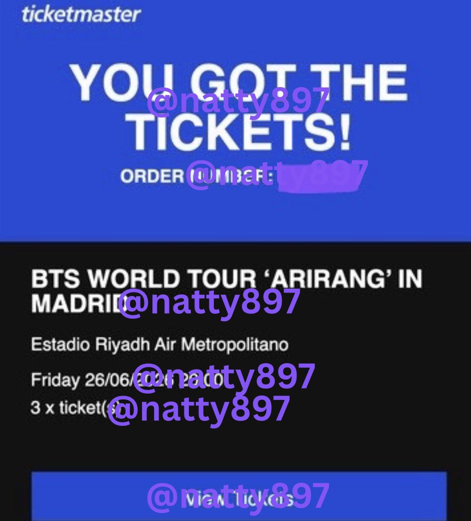 natty897's tweet photo. WTT BTS ARIRANG TOUR EUROPE TICKETS 

3x madrid d1 section 215 (26th june)

looking for x3 paris d1 (17th july)

equivalent seats, standing or vip standing 

will pay any price difference🥰 

please dm! 

@875tickets #875tickettrade https://t.co/OMrQzSVokb