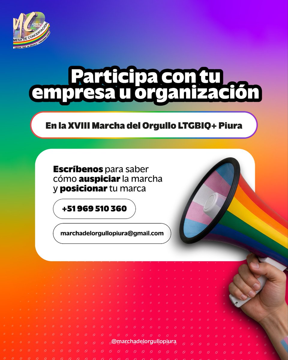 OrgulloPiura's tweet photo. 🌈 Sé parte de la Marcha del Orgullo #Piura 2026.

Si tu empresa, emprendimiento u organización comparte los valores del respeto y la inclusión, te invitamos a sumarte como auspiciador y ser parte de uno de los eventos masivos más importantes de la región. ✨🏳️‍🌈

#MarchaDelOrgullo https://t.co/8JgIz8kcwu