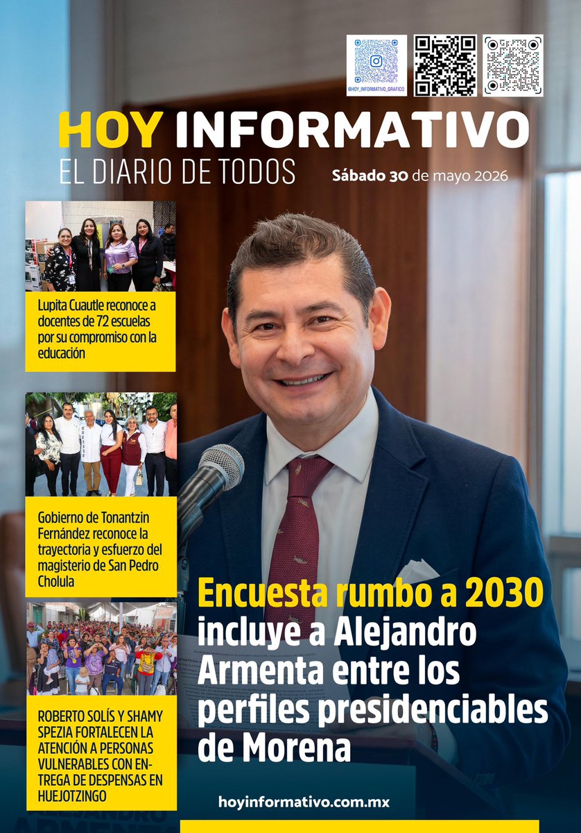 PiwiInfo_Red's tweet photo. 📰 Ya disponible #HoyInformativo de este sábado 30 de mayo.

🔹 Armenta aparece en encuesta rumbo a 2030.
🔹 Reconocen a docentes de 72 escuelas.
🔹 San Pedro Cholula destaca labor del magisterio.
🔹 Entregan despensas en Huejotzingo.

#Puebla #Noticias #HoyInformativo https://t.co/k06cJjEu3k