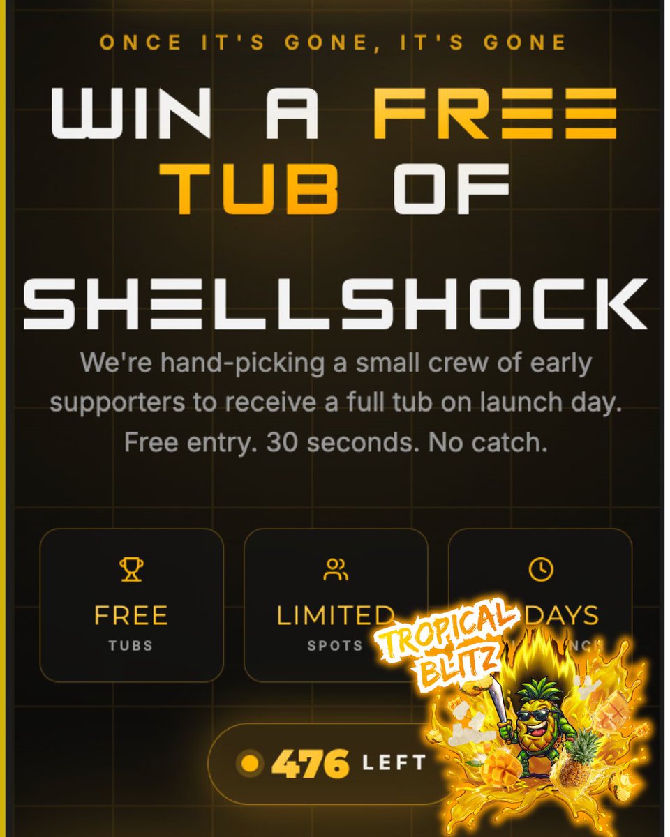 ShellShockSupps's tweet photo. 🚨LAST CHANCE

We're giving away FREE tubs of ShellShock Energy Tropical Blitz.  

But before you enter — swipe to see exactly why 20 people are about to get the most complete pre-workout formula on the market. 

→  Most pre-workouts make you choose.  
Pump OR energy. Focus OR endurance. Vitality OR performance. 

 ShellShock doesn't make you choose. One scoop. Every angle. Zero compromises.  

20 winners. Announced May 31st. Enter free →  https://t.co/nAHK2iapR3 🔗