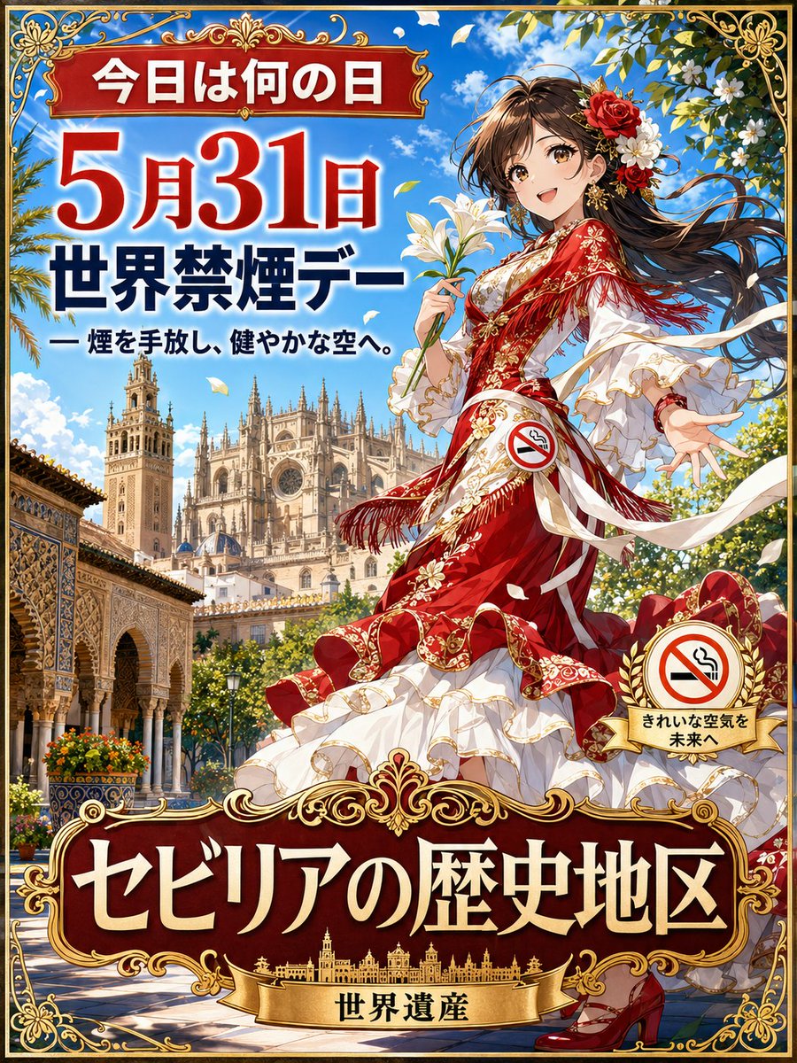 junworldheritag's tweet photo. おはようございます☀️

今日は何の日？
 5月31日｜世界禁煙デー
 World No Tobacco Day
世界遺産キャラクター
 セビリアの歴史地区
― 煙を手放し、健やかな空へ。
所属国：スペイン
登録年：1987年
種別：文化遺産
UNESCO No.：383

美しい歴史の街に広がる、澄んだ青空。
今日は、自分と��切な人の健康を考える一日に。
#世界遺産 #AIart #何の日