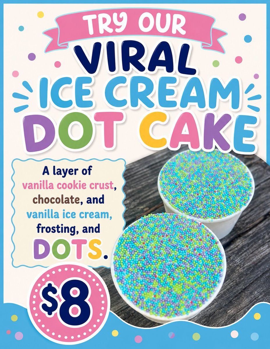_SweetJennys's tweet photo. The viral Dot Cake trend has arrived at Sweet Jenny’s !
 🌈🍰

Ice Cream✔️
Cookie Crust ✔️
Creamy frosting ✔️
Crunchy rainbow sprinkles✔️

Every bite is the perfect mix of soft, sweet, and crunchy. Be the first to try it. Ask for a Dot cake at our order window.  (Limited edition) https://t.co/zpUBs8YGut
