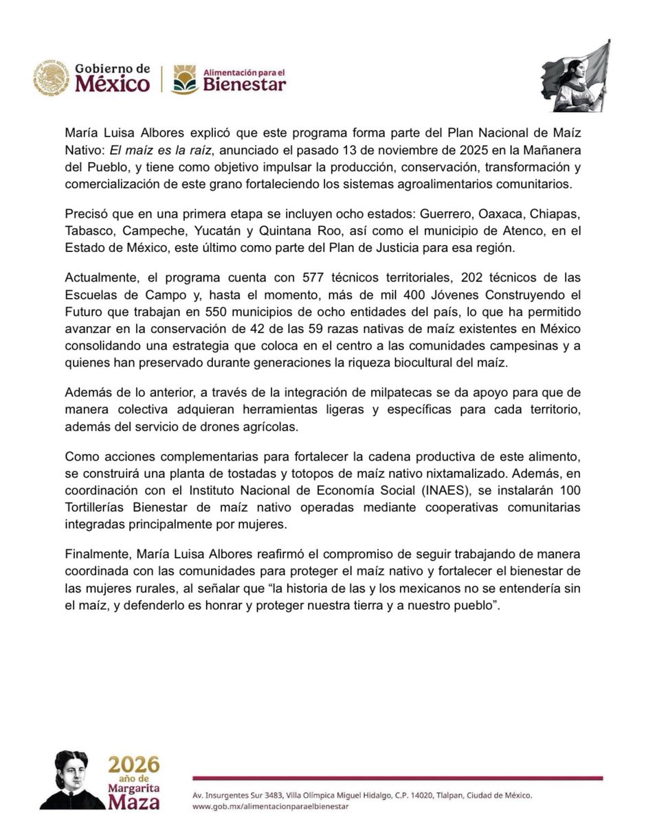 alimenbienestar's tweet photo. 📌 COMUNICADO 

Junto a la Presidenta @Claudiashein presentamos #ComalerasBienestar, que reconoce y fortalece el trabajo de las mujeres transformadoras del maíz nativo.🌽

Se entregaron 100 paquetes de apoyo y se instalarán 100 Tortillerías Bienestar. 

Lee más sobre esta iniciativa aquí. ⬇️
https://t.co/pTo4jlPFbL