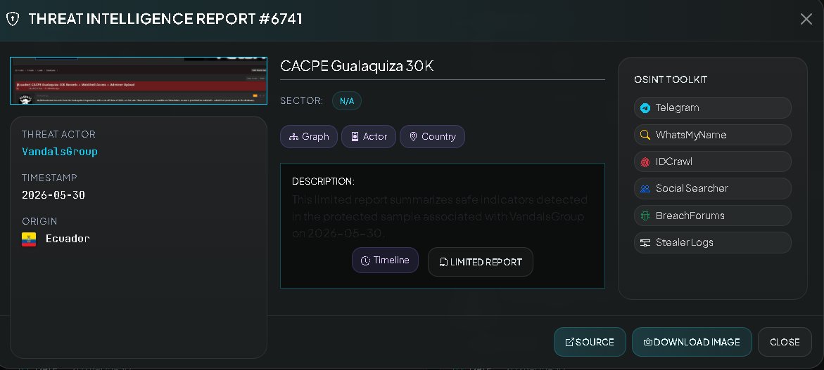 VECERTRadar's tweet photo. 🚨 🇪🇨 CYBER INTELLIGENCE ALERT: ALLEGED DATA COMPROMISE AND EXFILTRATION (GUALAQUIZA COOPERATIVE)

⚠️ STATUS: VISIBLE EVIDENCE; UNCONFIRMED

Malicious activity has been detected on cybercrime forums where the threat actor "VandalsGroupCh" claims to have compromised the systems of the Gualaquiza Cooperative in Ecuador.

🏢 Affected Entity: Gualaquiza Cooperative

👤 Threat Actor: VandalsGroupCh

📊 Volume: 30,000 member records

📅 Publication Date: May 30, 2026

🛠️ Access Vector: Exploitation of vulnerabilities in the Vimasistem platform (use of webshell + adminTool for root access to the database).

🔍 Scope of Exposed Data

The actor has published a JSON sample containing highly sensitive information about its associates, including:

Identification Data: Full names, national identification numbers, fingerprint codes, and nationality.

Personal Information: Profession, date of birth, age, marital status, and education level.

Geographic Data: Province, canton, and parish of residence and birth, along with the exact physical address.

Family Relationships: Parents' names.

Banking Information: Structure for banking access data (although specific user information, mobile phone number, email, and account number appear hidden in the sample, the breach confirms the exposure of this data structure).

🛡️ Recommendations and Mitigation

Containment: It is critical that the IT department of the Gualaquiza Cooperative and the provider Vimasistem immediately audit the servers to close the backdoors (webshells) used and revoke unauthorized root access.

User Notification: The entity must inform the 30,000 affected members about the exposure of their personal and financial data to prevent fraud.

Identity Protection: Cooperative users are advised to be extremely vigilant against possible phishing, social engineering, or identity theft attempts, and to request a change of their online banking passwords.

⚡Strategic Monitoring Tools

Intelligence Platform: https://t.co/wk9bZJ2Nli

Security Verification: https://t.co/5LuqwzYuS6

#CyberSecurity #Ecuador #DataLeak #Vimasistem #Gualaquiza #BreachAlert #CiberAlerta #VECERT #FinancialInfrastructure